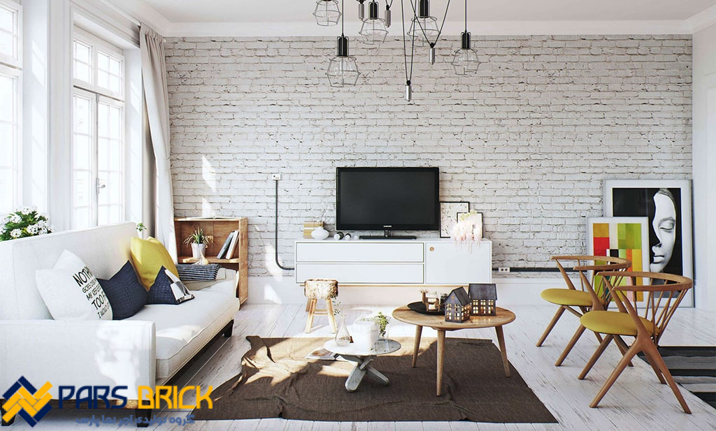 Interior design of the wall with white brick